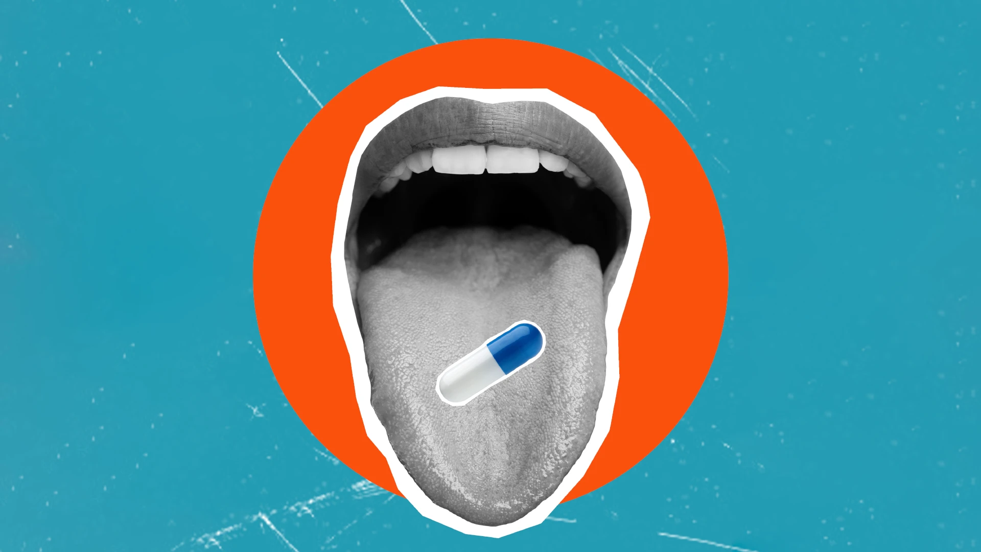 Open mouth with a blue pill on tongue, symbolising rebrand as a magic pill for B2B branding and design