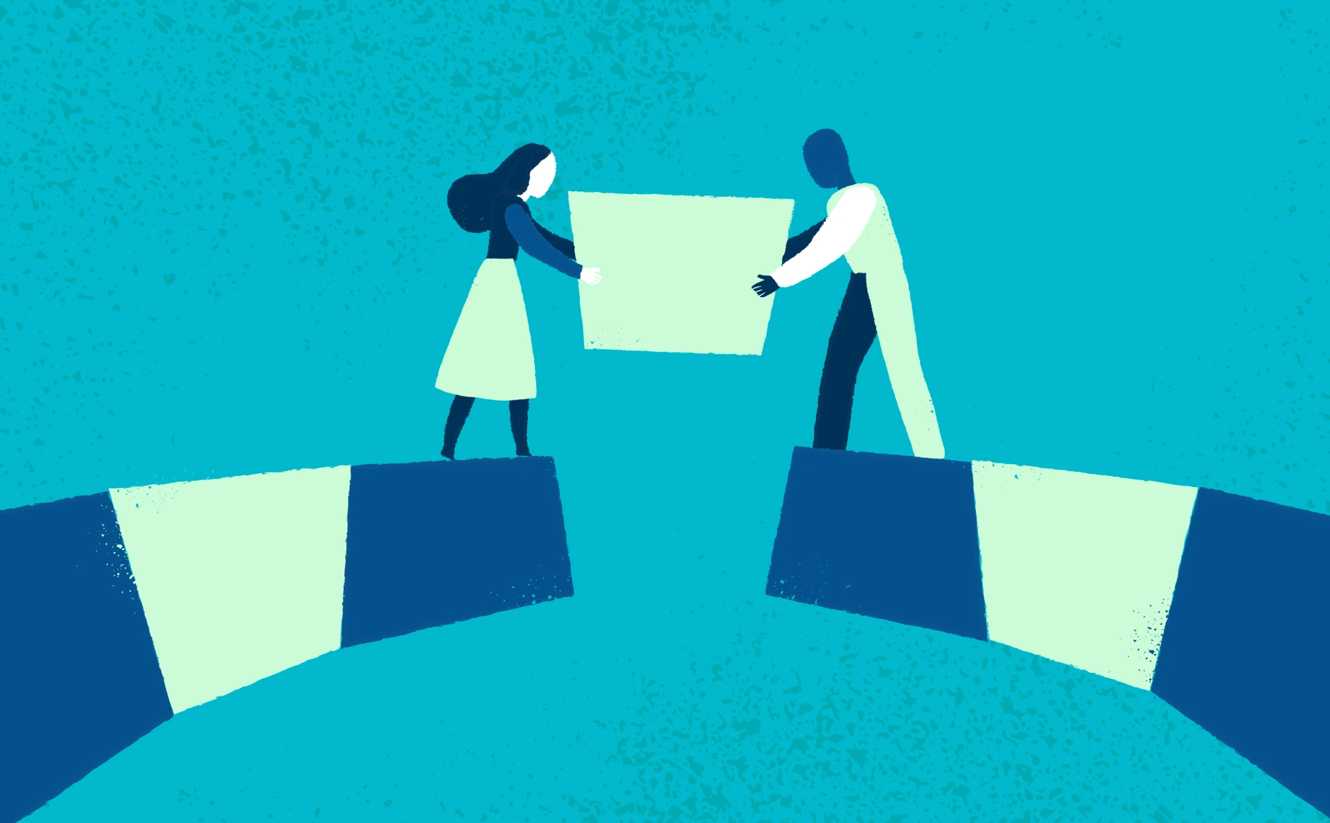 Two colleagues bridging a gap with communication – internal communication strategy by 9Point Design for B2B branding and organisational change.