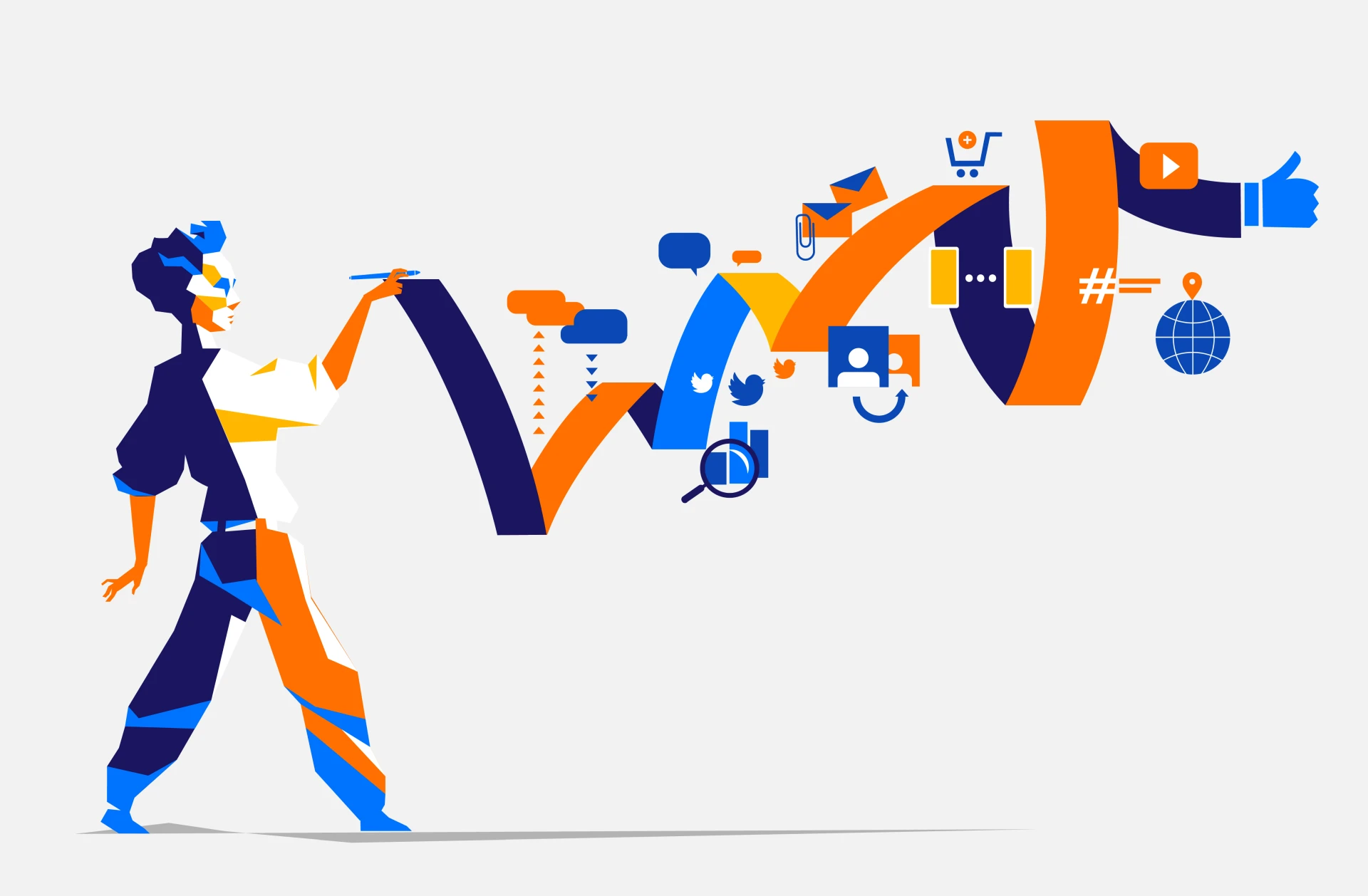 Illustration of a person shaping a flowing brand identity path with digital icons, representing strategy-led B2B rebranding by 9Point Design.