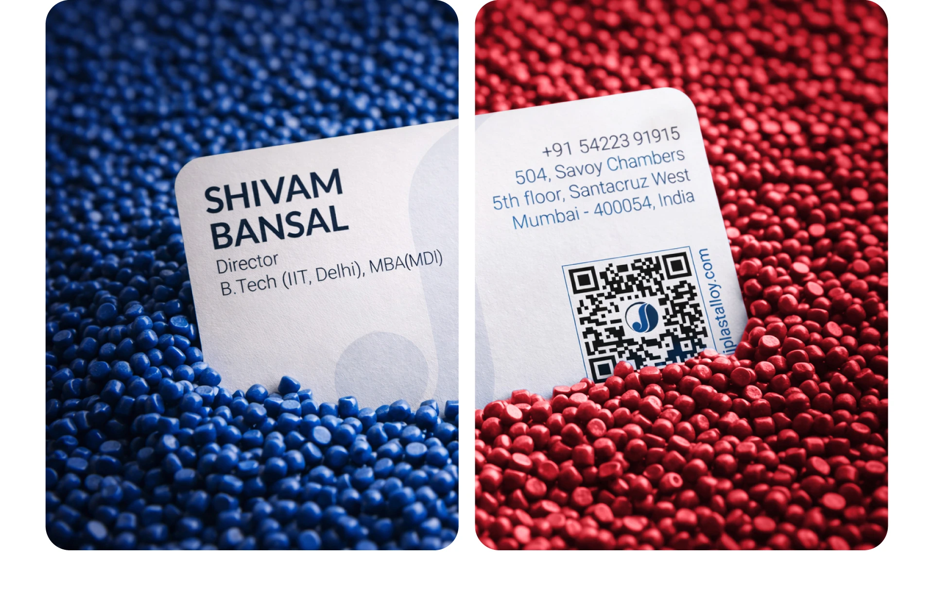 JJ Plastalloy brand identity showcasing logo design, brand guidelines, and visiting cards for a polymer manufacturing company.