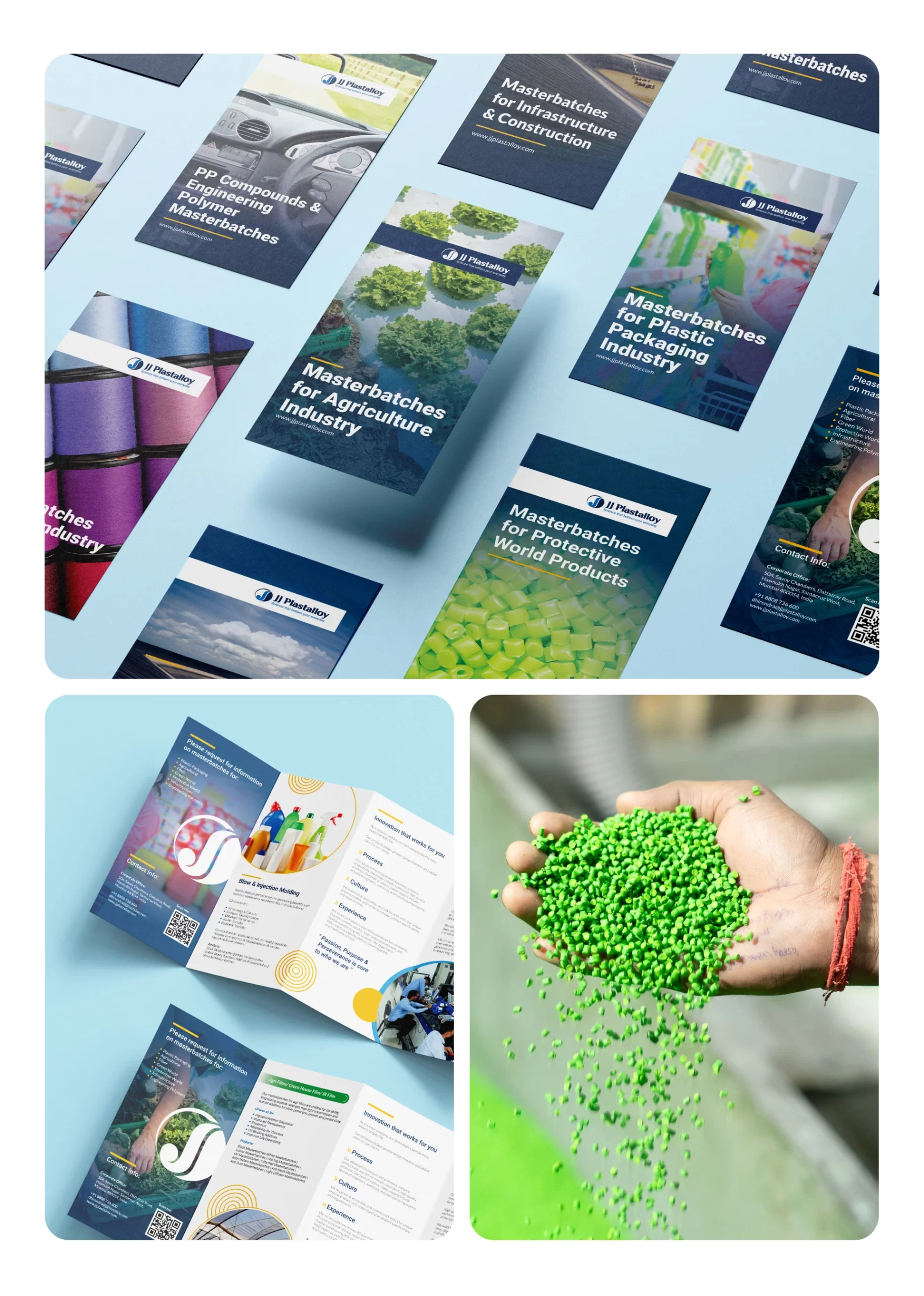 Brochure design for JJ Plastalloy showcasing masterbatch applications across agriculture, packaging, infrastructure, and industrial manufacturing.