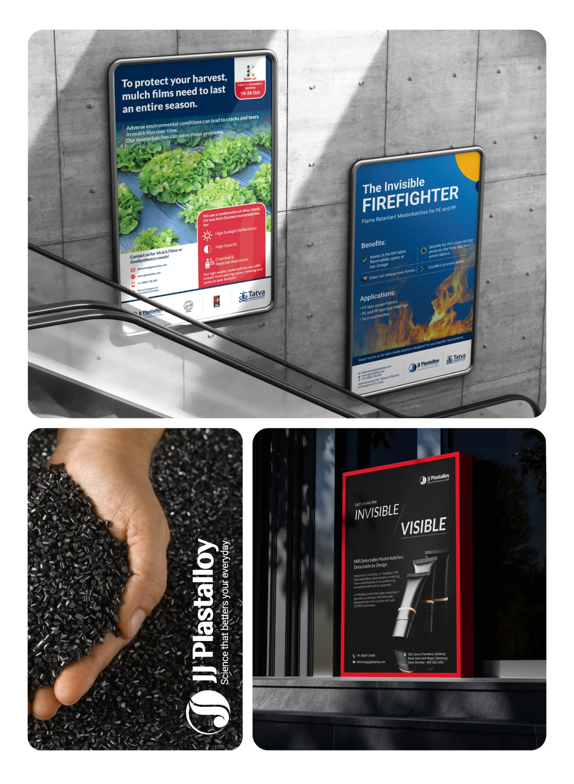 Print advertisements and brochures designed for JJ Plastalloy highlighting masterbatch and polymer manufacturing solutions.