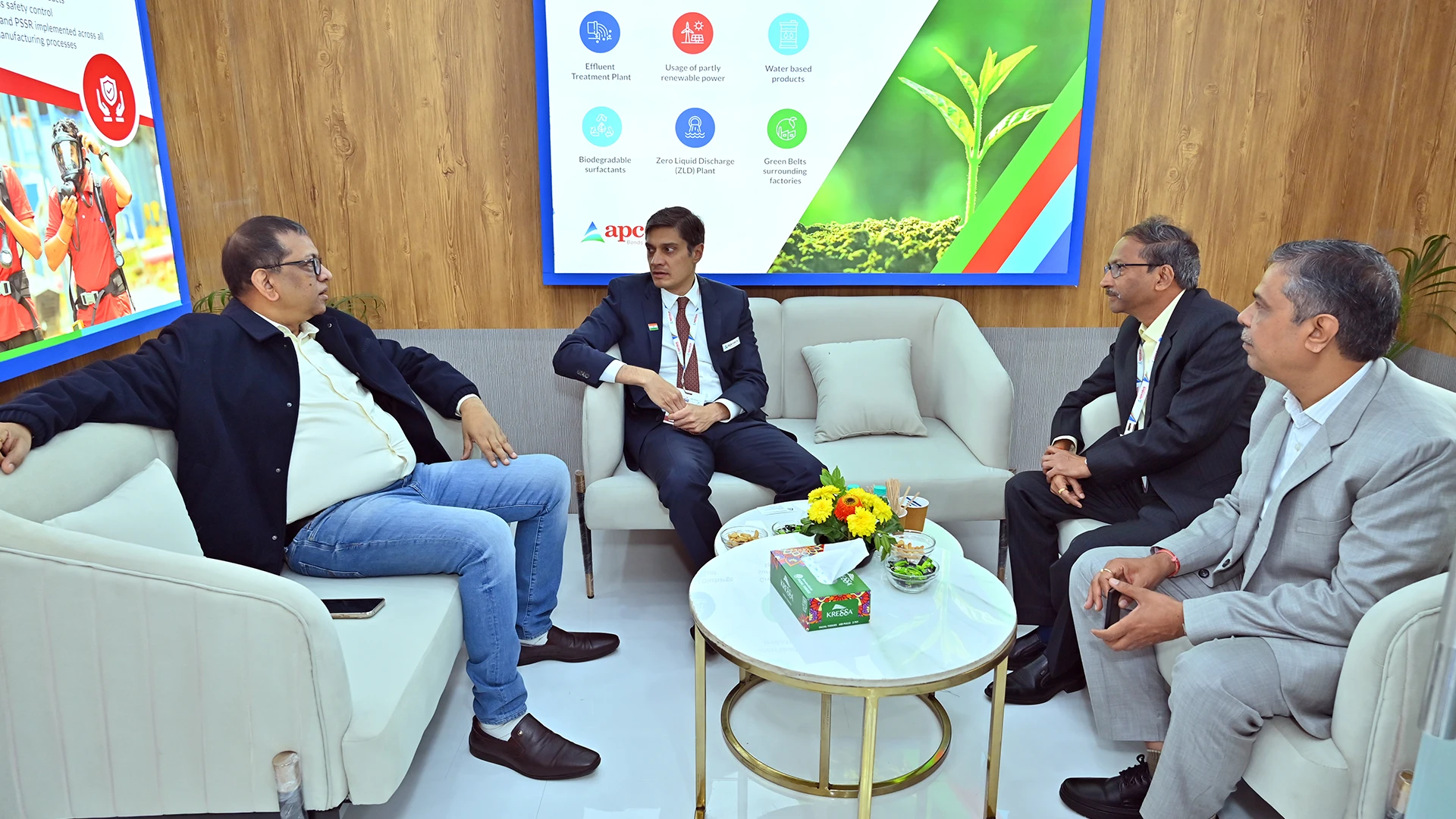 Senior leadership engaging in strategic discussions at the Apcotex stall during Paperex 2025, reinforcing trust-driven B2B engagement.