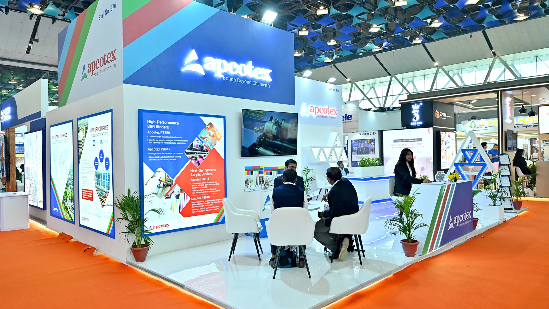 Apcotex exhibition stall at Paperex 2025 designed to facilitate meetings, presentations, and ongoing B2B discussions in the paper and packaging sector.