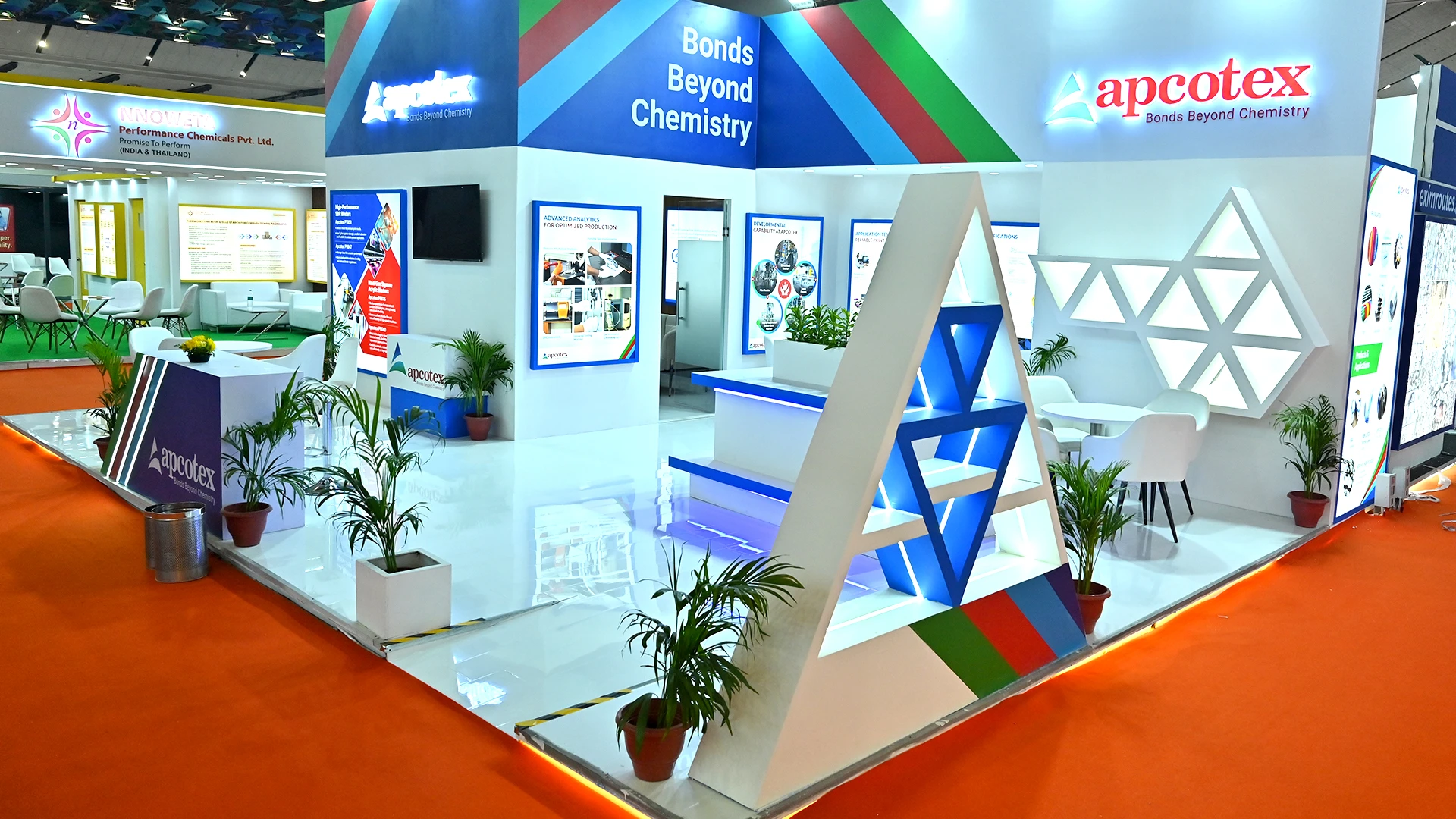 Apcotex exhibition stall at Paperex 2025 designed to facilitate meetings, presentations, and ongoing B2B discussions in the paper and packaging sector.