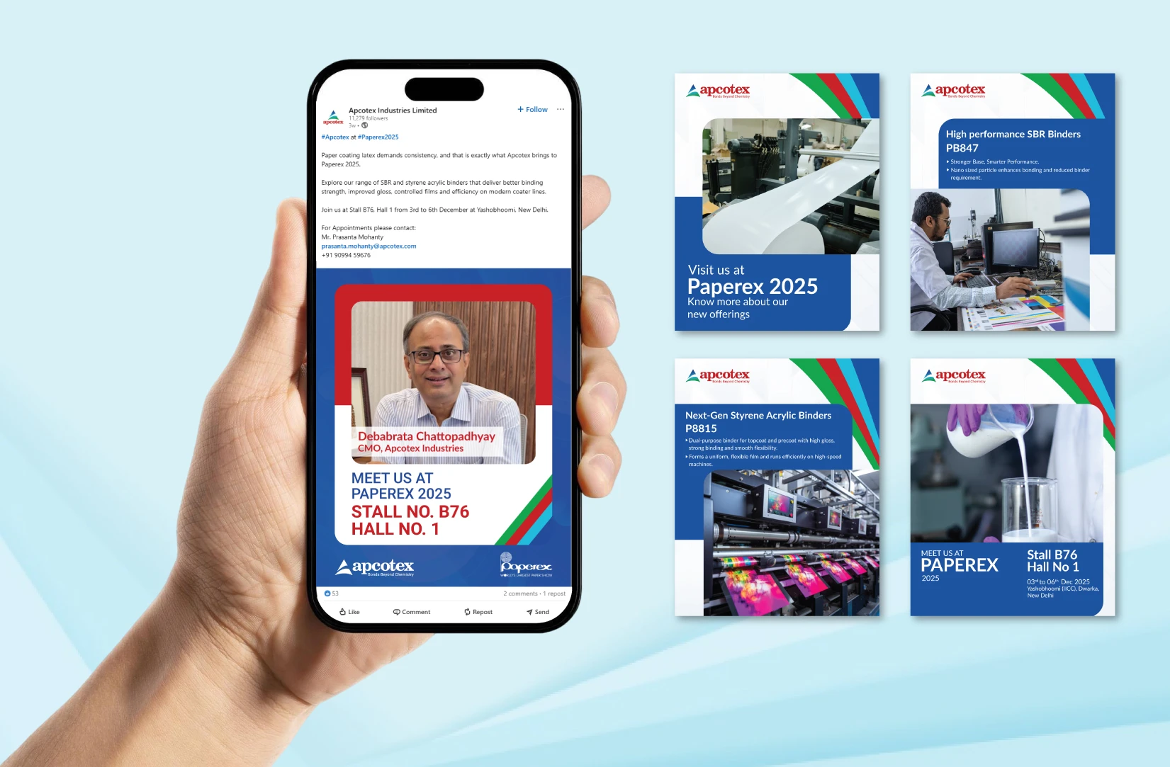 Apcotex Industries social media campaign inviting customers to Paperex 2025, featuring leadership messaging and consistent B2B branding design