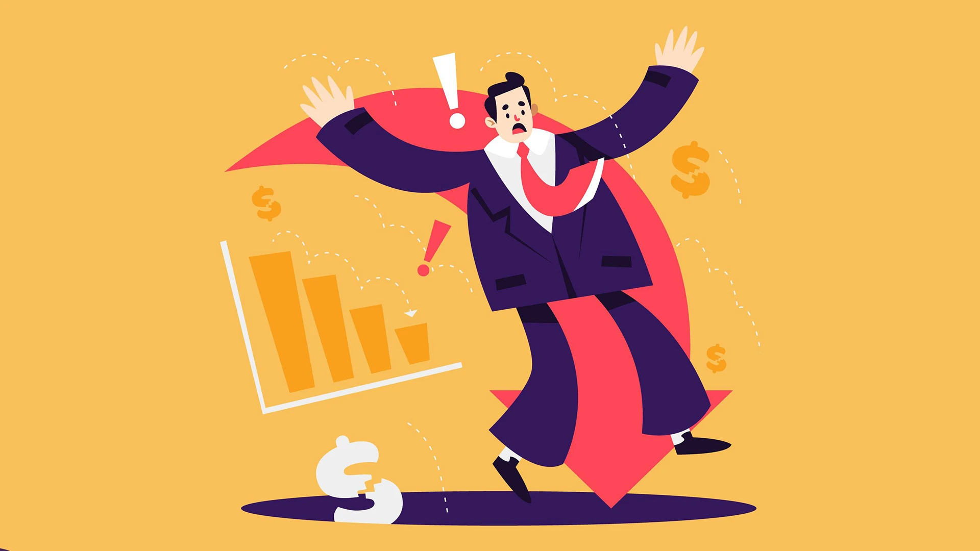 Illustration of a worried businessperson falling with a downward arrow and declining chart, representing price pressure and weak B2B brand positioning.