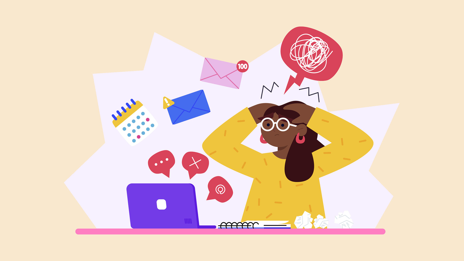 Illustration of an overwhelmed employee surrounded by emails, alerts, calendar reminders and message notifications.
