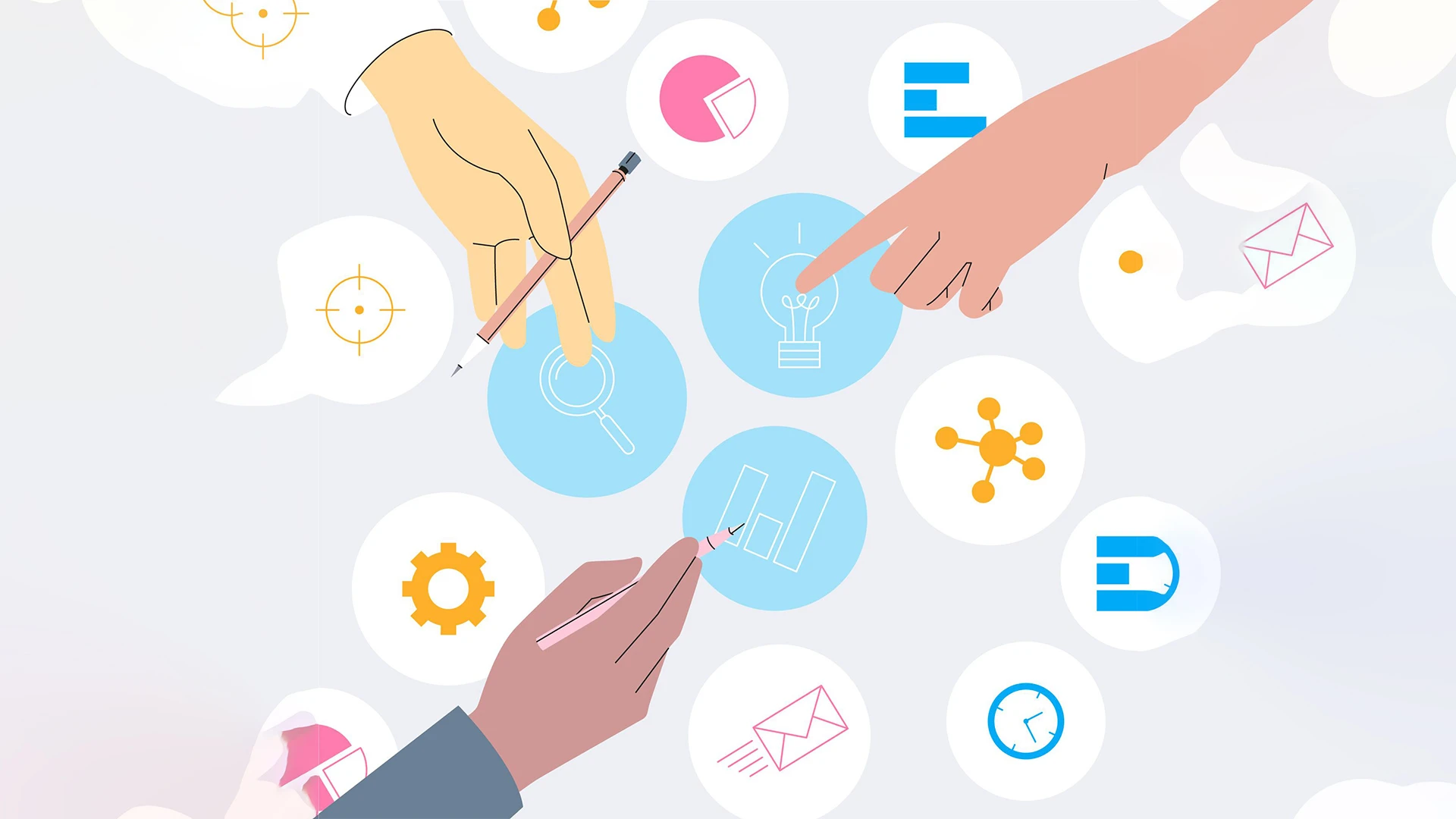 Abstract illustration of a team reviewing ideas, data and strategy for a B2B branding investment decision.