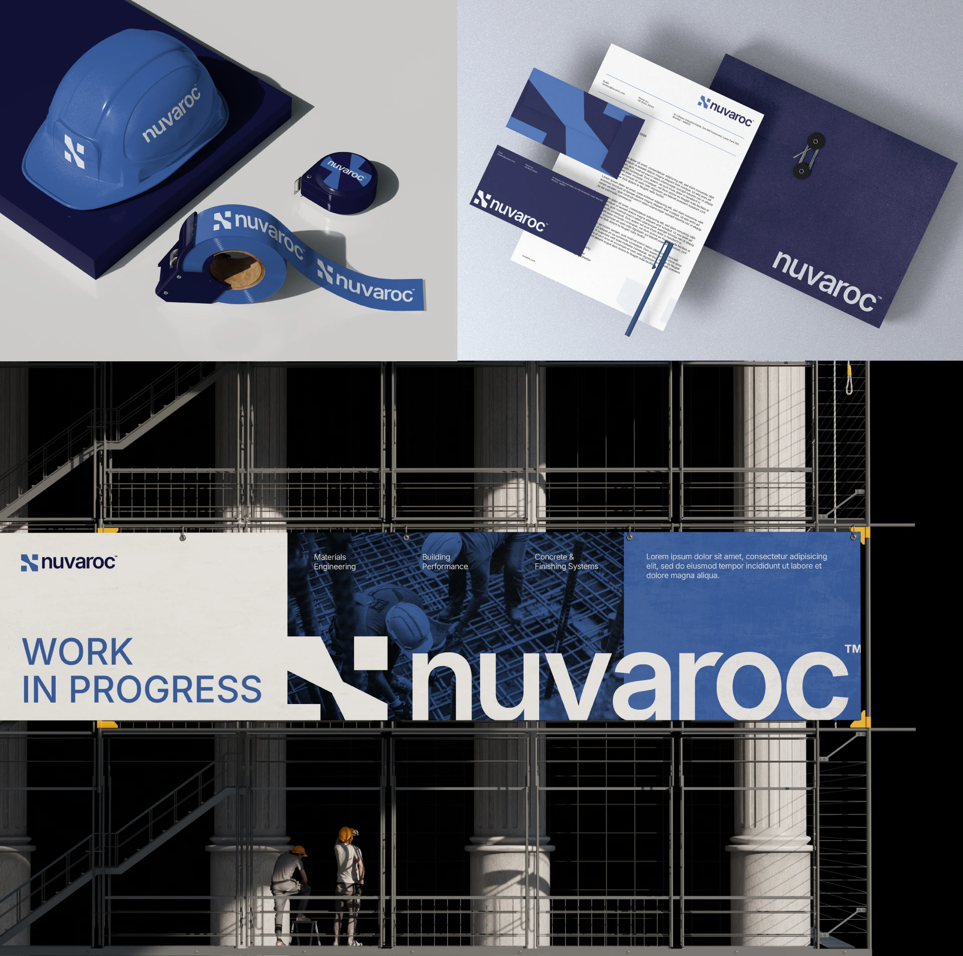 Nuvaroc brand identity applied to safety gear, stationery and construction site signage.