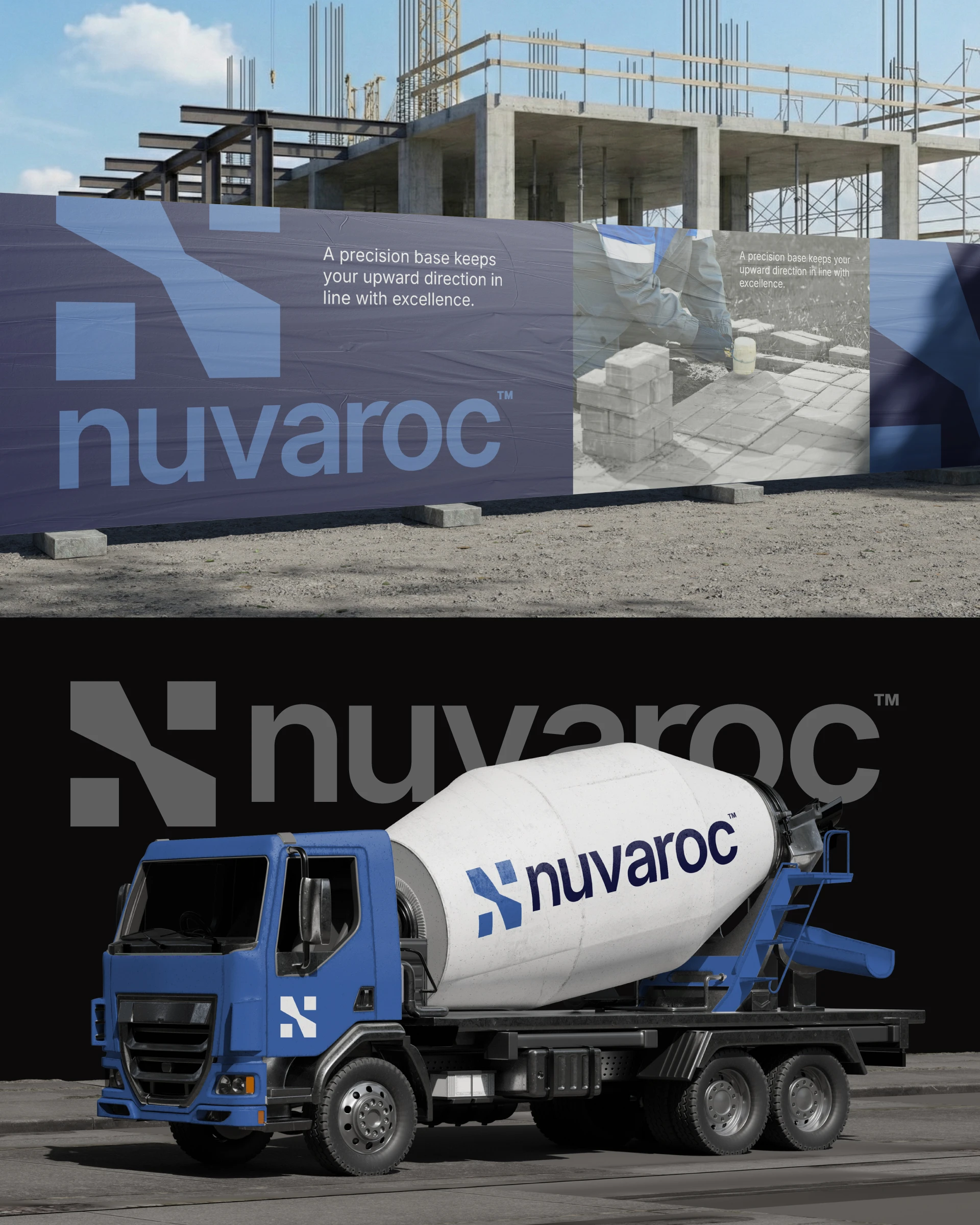 Nuvaroc brand identity applied to construction hoarding and a concrete mixer truck.