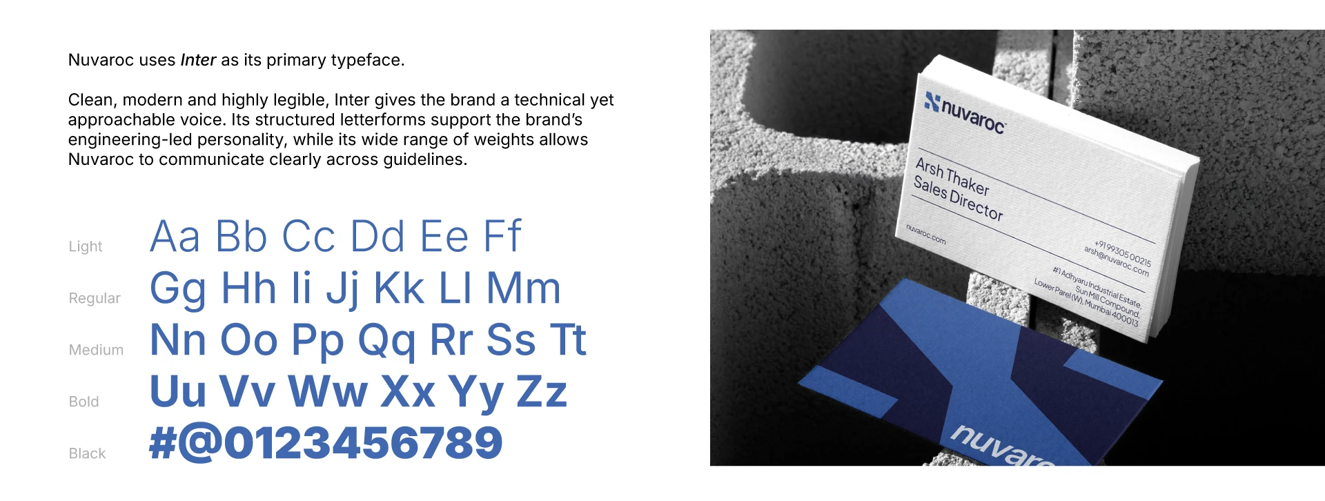 Nuvaroc typography system using Inter with branded business card applications.