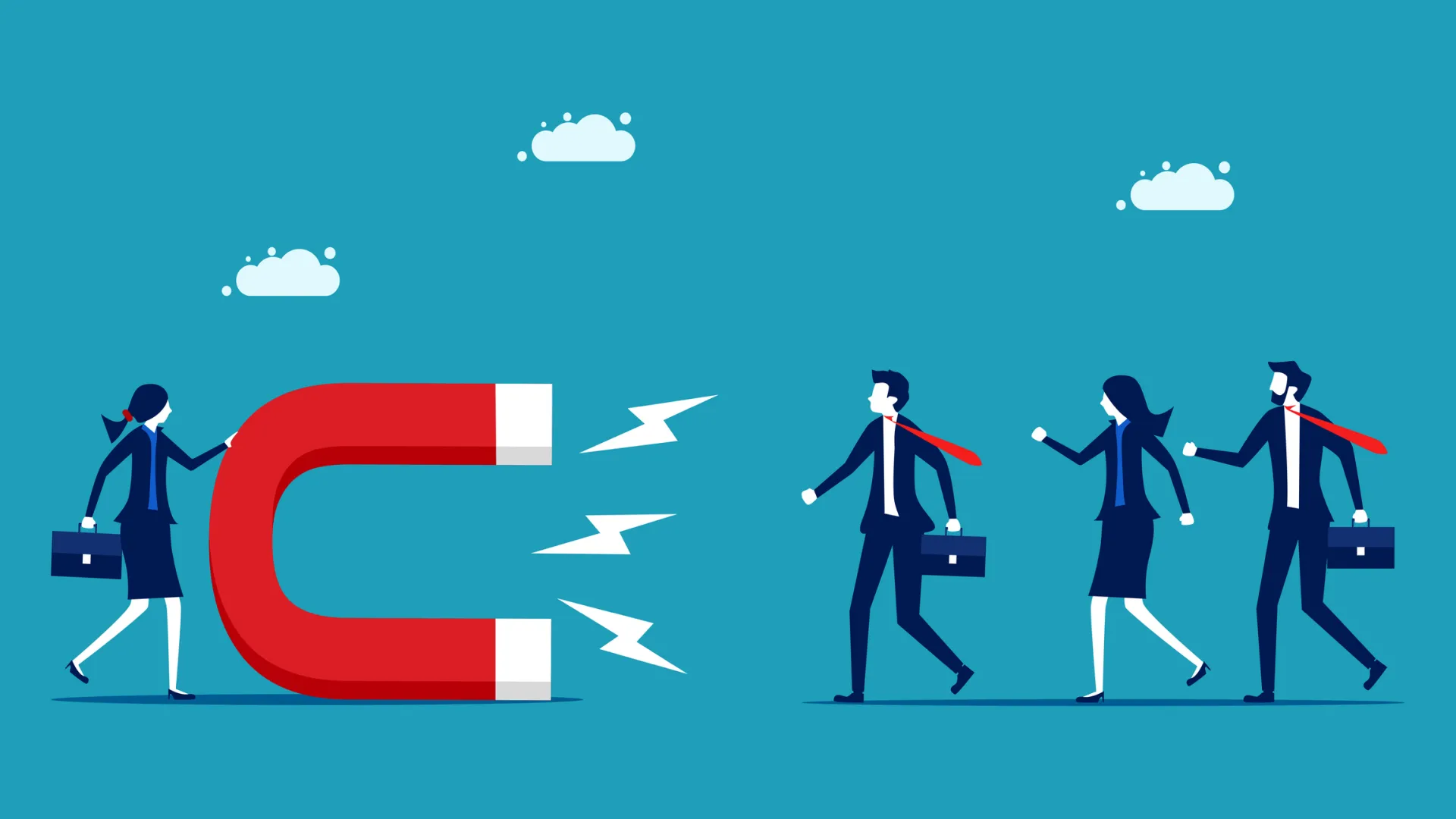 Illustration of a red magnet attracting business professionals, representing employer branding and talent attraction.